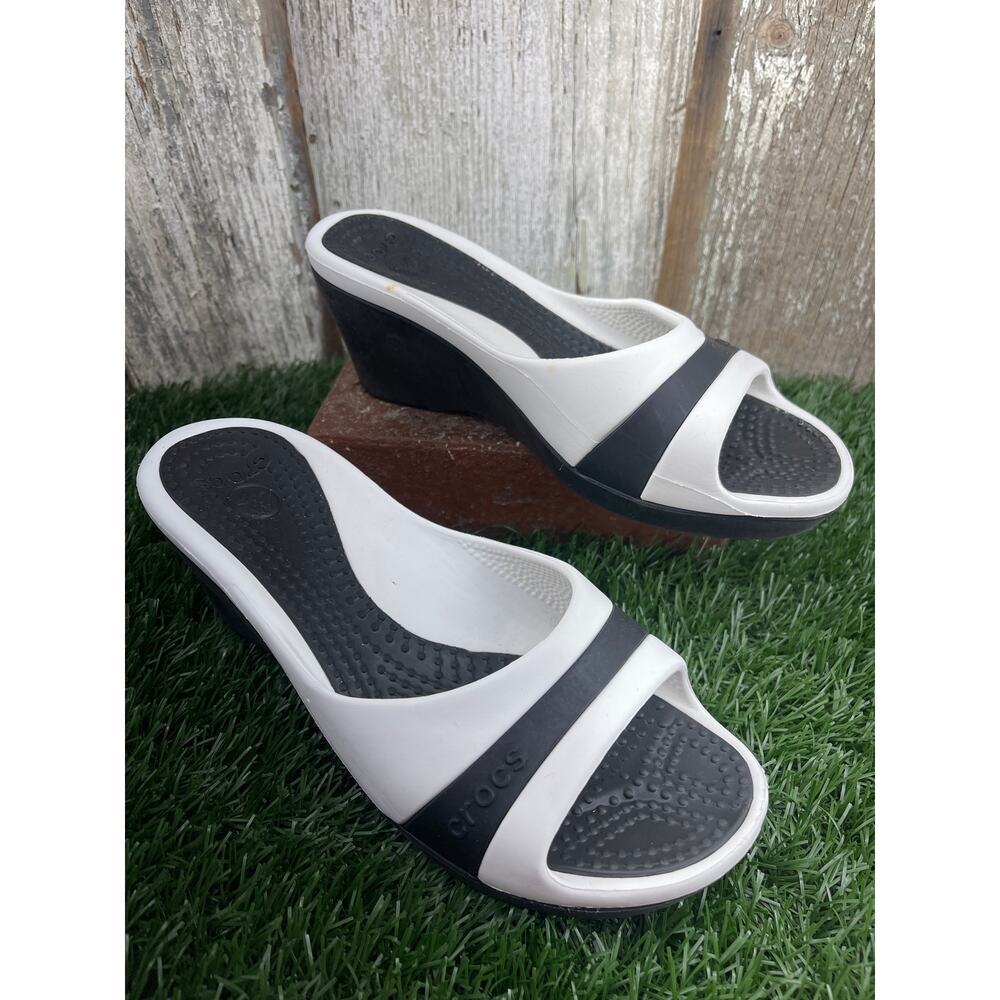 Crocs Sassari Wedge Sandals Black White Slide Women's 8
